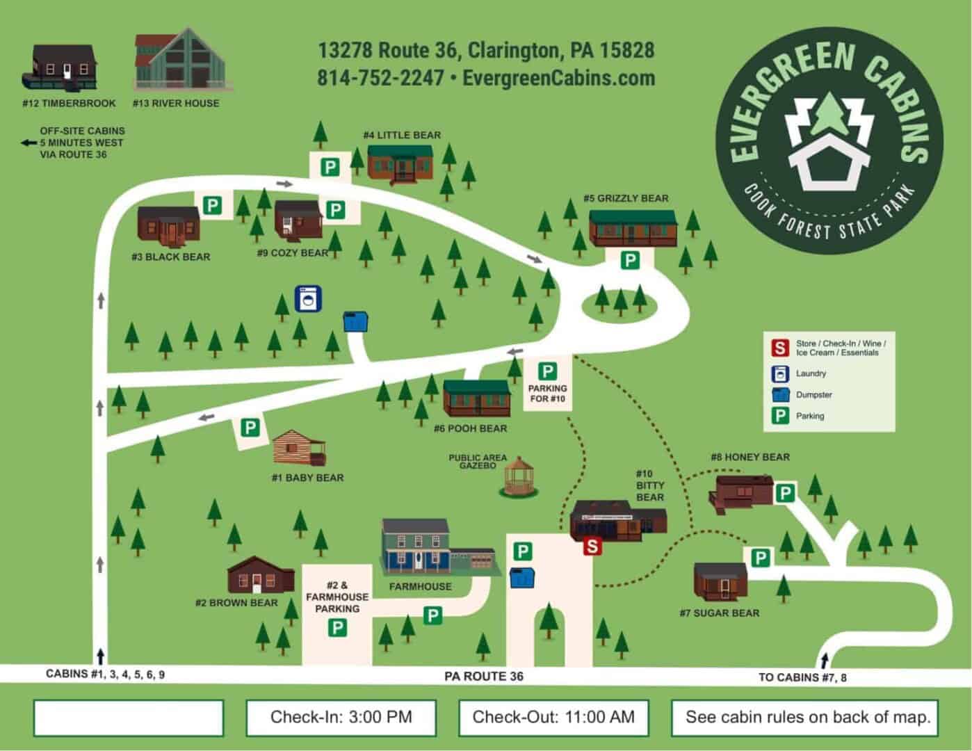 Evergreen Rv Map Tour Our Cabins in Cook Forest | Evergreen Cabins & Mercantile